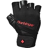 Harbinger Pro WristWrap Vented Cushioned Leather Palm Weightlifting Gloves, Pair, Large