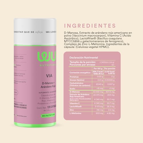 WU Nutrition VIA | D-Manosa con Extracto de Arándano Rojo (PACs) | Probióticos y Prebióticos (LactoWise®) | Vitamina C y Zinc | Salud para el Tracto Urinario | 120 Cápsulas | 4 meses de consumo