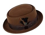 Mens Crushable Wool Felt Porkpie Hat w/Feather HE09 Brown-L/XL