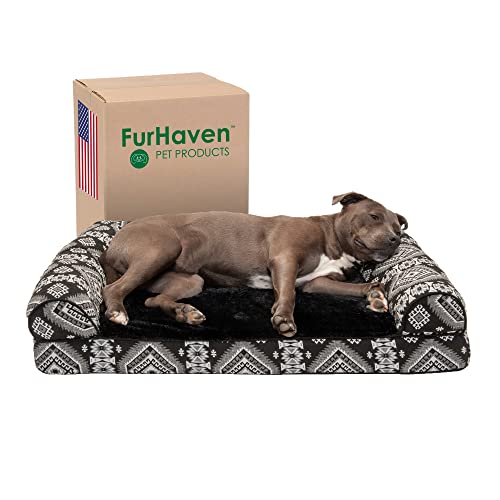 Furhaven Large Orthopedic Dog Bed Plush & Southwest Kilim Decor Sofa-Style w/Removable Washable Cover - Black Medallion, Large