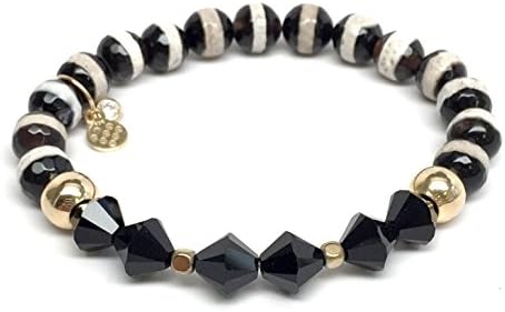 TFS Jewelry Black &amp; White Agate &amp; Swarovski Crystals 'Chloe' Stretch Bracelet
