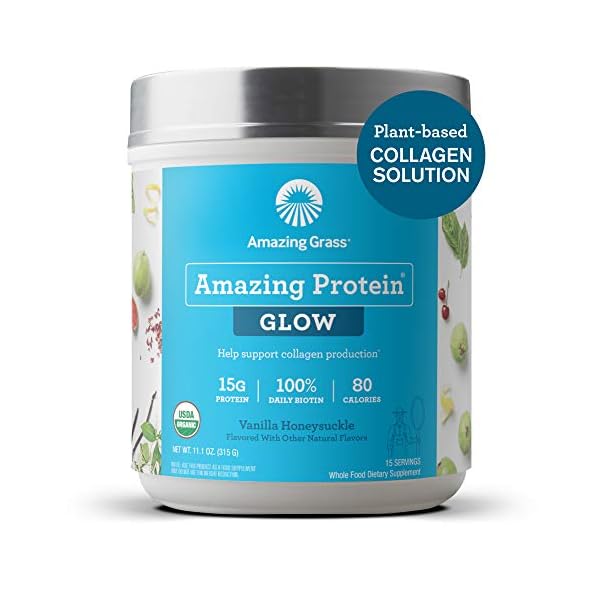 Amazing Grass GLOW Vegan Collagen Support with Biotin and Plant Based Protein Powder, Vanilla Honeysuckle, 15 Servings