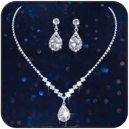 Wekicici Bridal Flower Rhinestone Necklace Earrings Set - Crystal Choker Wedding Jewelry Silver - View #10