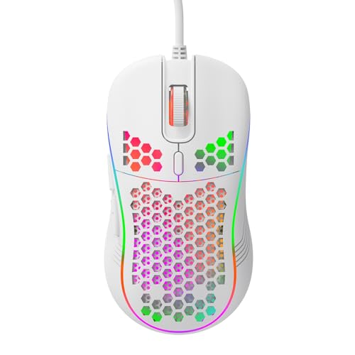 GADIRIA D110 Wired Gaming Mouse - Ultralight Honeycomb Design, 7200 dpi, 6 Programmable Buttons, RGB, USB-A + USB-C - Gaming Mouse for PC, Mac, Windows 10/11 and Linux (Matte White)