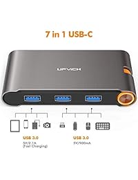USB tipo C Hub, hcman 7 en 1 USB C Adaptador para MacBook Pro con 4 K HDMI, 3 puertos USB 3.0, puerto Gigabit Ethernet, 1080p VGA, 100 W pass through puerto de carga para Dell XPS, HP Spectre x360, matebook X Pro, gris