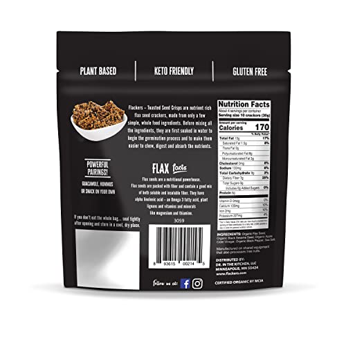 FLACKERS BLACK SESAME & BLACK PEPPER FLAXSEED CRACKERS, 4.5 OUNCE 1-PACK, ORGANIC, GLUTEN FREE, NON GMO, VEGAN, KETO SNACK, 2 NET CARBS