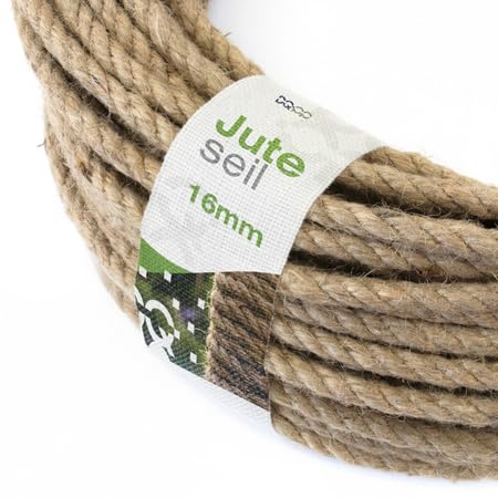 DQ-PP JUTE ROPE | 10m long | 16mm thick | 3-strand | Brown cord from 100% natural fibres | Sailing, transport and industry | DIY, decorations and craft | Home and garden