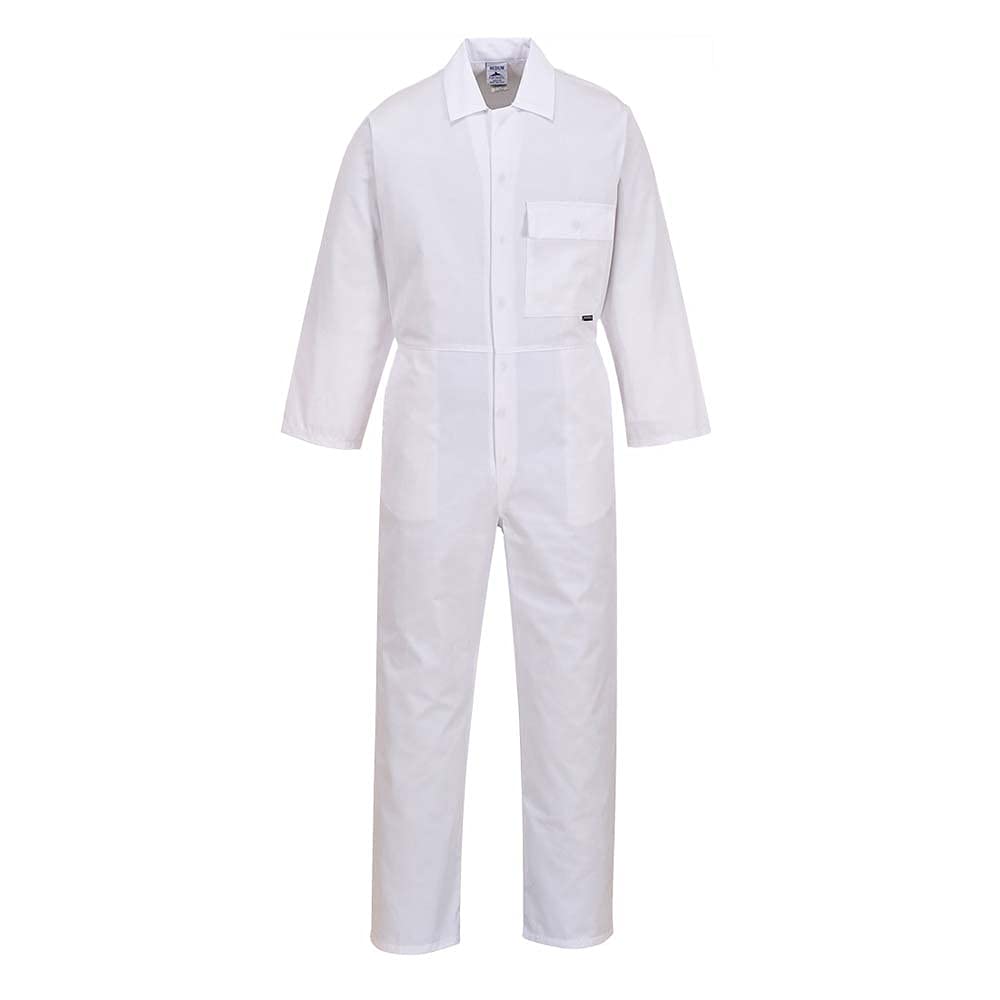 Portwest 2802 Men's Standard Work Coveralls Durable Polycotton Protective Work Overalls Concealed Stud Workwear Multi Pocket Elastic Waist Boiler Suit for Mechanics Warehouse Garages DIY, White, 3XL