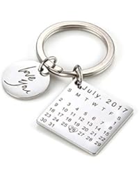 Personalised Custom Engraved Calendar Date Engraved Stainless Steel Keyring & Keychain Memorial Wedding Gift (Silver circle)