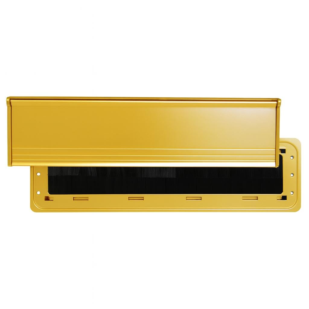 Exitex Internal Letterbox Draught Excluder with Flap, Aluminium Plate with Bristle Seal, Spring Closing Flap, Reduces Draughts & Dust, Saves Energy, Easy 5 Min Fit for Standard Letterboxes (Gold)