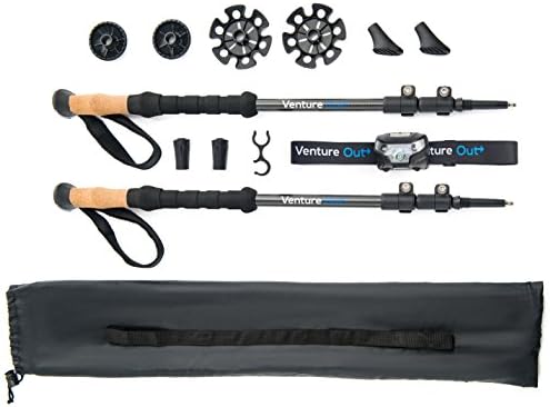Venture Out 100% Carbon Fiber Trekking Poles &amp; FREE LED Headlamp – Ultralight &amp; Collapsible with Quick Flip Lock, Cork Grips, Carrying Case &amp; Tungsten Tips