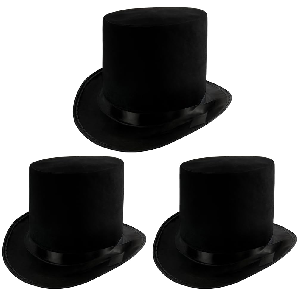 Photo 1 of Funny Party Hats 3-Pack Black Victorian Top Hat for Men – Felt Tuxedo Costume Hat, Coachman Hat, Fancy Dress-Up Accessory for Parties