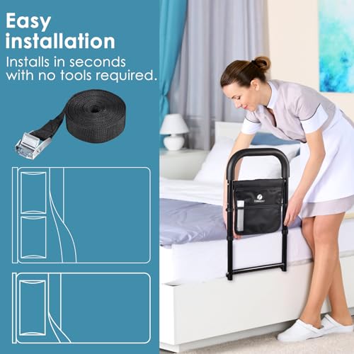 Bed Rails for Elderly Adults Assist Safety with Motion Light for Seniors Hand Bar Grab with Storage Pocket Patent Stabilizer with Fixing Strap, Support Up to 300lbs