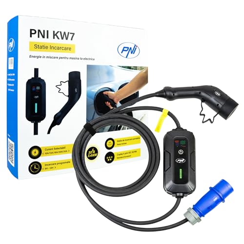 PNI Portable charger KW7 32A, 7.4KW, for electric cars, 230V, single-phase, Type 2 cable with 5-pin connector, with timing, IP66, Black