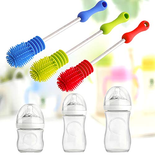Silicone Bottle Brush,Food-Grade Long Handle Feeding Bottle Brush Baby Bottles Brush Scratch-Free 360Â° Rotating Cleaning Brush for Feeding Bottle Water Bottle Thermoses Cup Food Jar(Red)