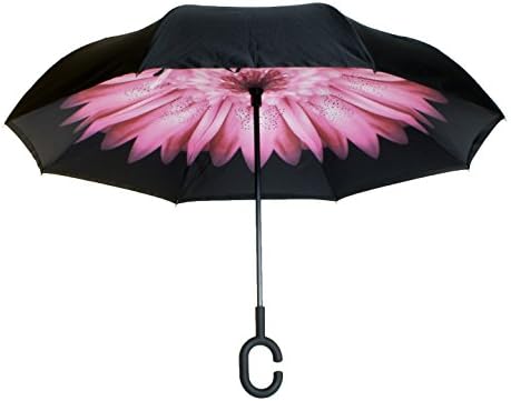 CatchitPro Double Layer Folding Umbrella Reversible Windproof Car Umbrella For Outdoor C-Shaped Free Hands Handle (Pink Flower)