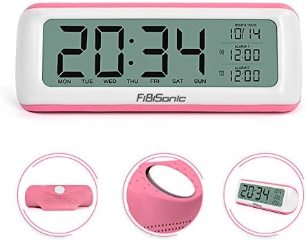 Digital Alarm Clock--FiBiSonic Mini LCD pink Desk Alarm Clock with 3 Alarms,Snooze and Batteries Operated. Display the Time, Date,Week and Temperature,Perfect Gifts for kids and Adults