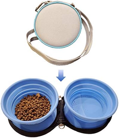 SEACPRO Food Grade Silicone Portable Collapsible Zip-up Double Pet Bowls with Carabiner & Shoulder Strap, for Hiking, Camping, and Traveling, Safe for Feeding Dogs Cats with Food and Water