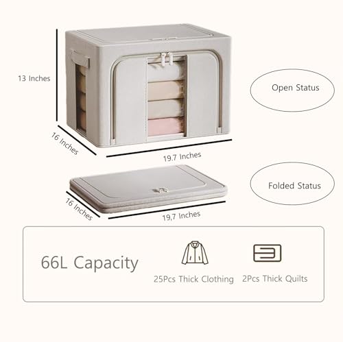 Clothes Organizer, 2 Pack Foldable Metal Frame Clothing Storing Bins with Double Visable Window, Large Capacity Cloth Container with Reinforced Handles, Storage Box, (Cream Yellow)