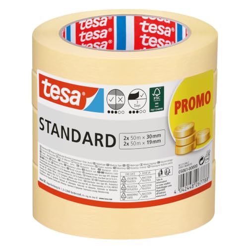 tesa Masking Tape Standard - 4 Rolls - 2 x 50 m x 19 mm + 2 x 50 m x 30 mm