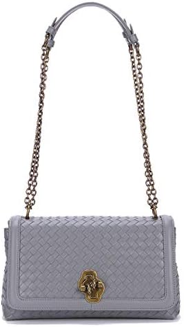 Newest Genuine Leather Shoulder Bag Crossbody Bag Wooven Bag Flap Purse for Women - Grey