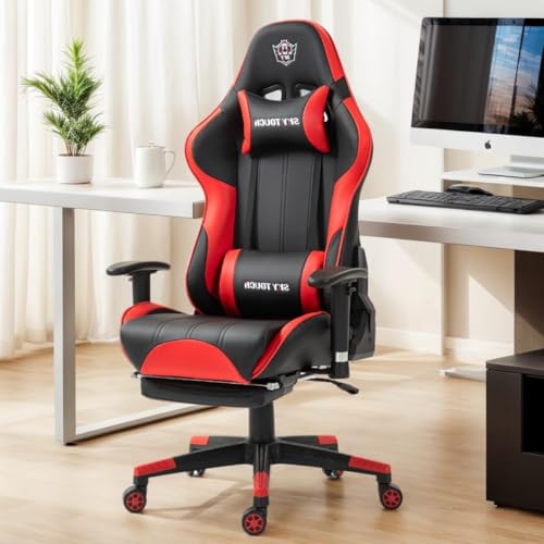 SKY-TOUCH New Upgrade Ergonomic Gaming Chair,Height Adjustable Computer Gaming Chair with Footrest,Adjustable Armrests,Fulled PU Leather, Swivel & Tilt,54x52x132cm, Red