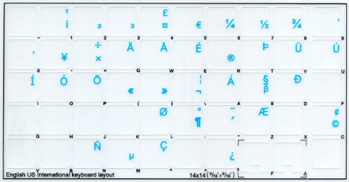 ENGLISH US INTERNATIONAL KEYBOARD LABELS ON TRANSPARENT BACKGROUND WITH BLUE LETTERING (14X14)