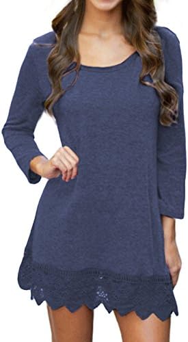 POZON Women's Long Sleeve A-Line Lace Stitching Trim Casual Dress (S, Navy Blue)