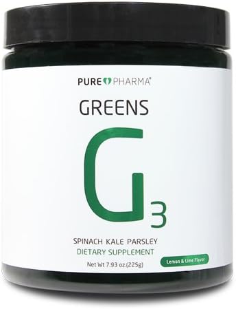 PurePharma G3 USDA Organic Greens Lemon Lime Flavor, Three Organic Nutrient-Dense Greens-Spinach, Kale, &amp; Parsley, 2 servings of vegetables in each serving of G3!