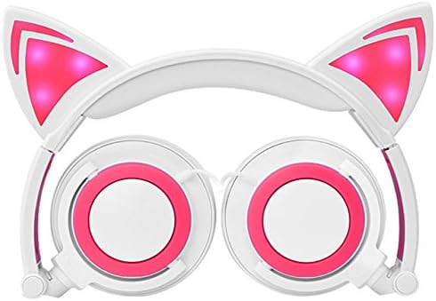 Kids Headphones with Cat Ear, MallTEK LED On-ear Foldable Headset for Kids Earphone 3.5 Jack Compatible with PC, Android Smartphone, iPhone, iPad, Samsung, MP3, MP4 White-Pink