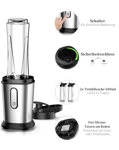 Mixer, 500 W Mini Stand Mixer & Smoothie Maker with 2 x 600 ml Bottles, BPA-Free Tritan, Portable Mixer Smoothie Maker Made of Stainless Steel, 4 Sheets for Shake, Smoothie, Silver and Black