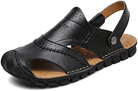 BINSHUN Mens Leather Flip Flops Slide Sandals Close Toe Sports Slip On Moccasin Slippers Shoes(black44)