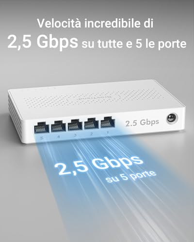 BrosTrend 2.5GB Ethernet Switch 5 Ports, Unmanaged Switch Ethernet 2.5 Gigabit, 2.5G Hub Splitter, Plug and Play, Fanless, Ideal for Home/Soho Network, Desktop or Wall, Lifetime Warranty