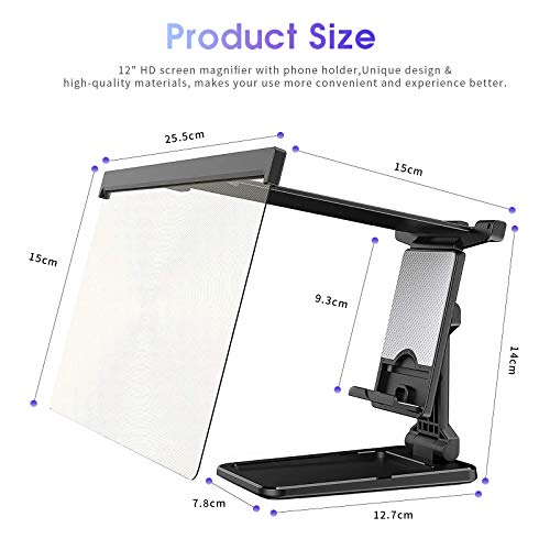 12’’ Screen Magnifier, 3D HD Mobile Phone Screen Amplifier for Movies, Videos, Reading, Gaming, with Foldable Phone Stand, Compatible with All Smartphones(Black)