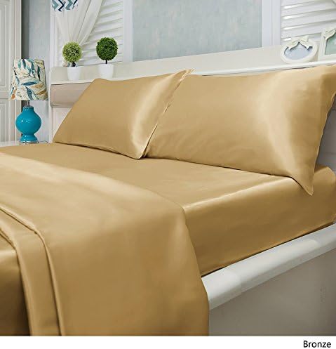 Luxury Solid Color 4-Piece Satin Bed Sheets Set - Silky Smooth, Super Soft, Wrinkle Resistant Sheets and Pillowcases (Queen, Bronze)