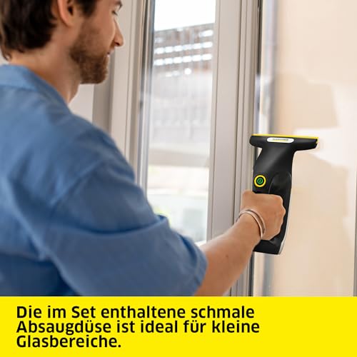 Kärcher WV 2 Universal Precision+ Black Cordless Window Vacuum Cleaner, Battery Life: 35 min, Dirty Water Tank: 120 ml, 2 Suction Nozzles, Spray Bottle with Microfibre Mop Cover, 20 ml Window Cleaner