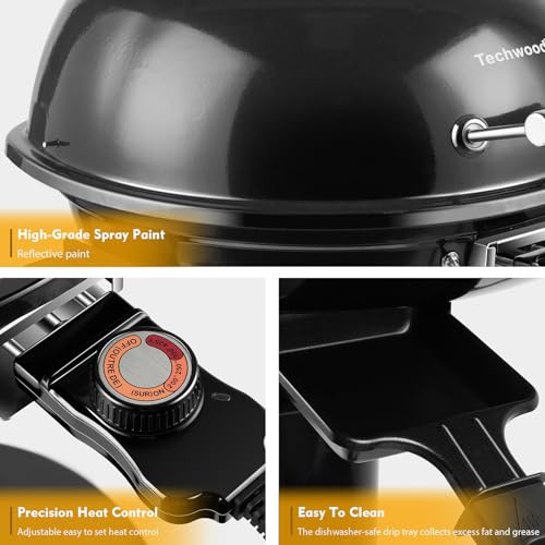 Electric Grill, Techwood Outdoor Electric BBQ Grill, 1600W Portable Removable Stand Grill with Adjustable Heat & Drip Tray, Double Layer Design for Party, Patio & Backyard (Black)