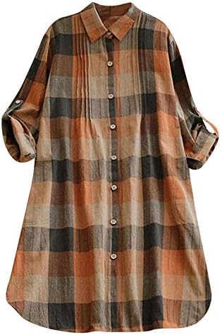Morecome,2019 Women Fashion Retro Plaid 3/4 Sleeve Casual Button Long Dress Mini T Shirt Dress Blouse
