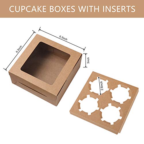 25 Packs Kraft Paper Cupcake Boxes with Display Window and Inserts Hold 4 Standard Cupcakes, 6.3