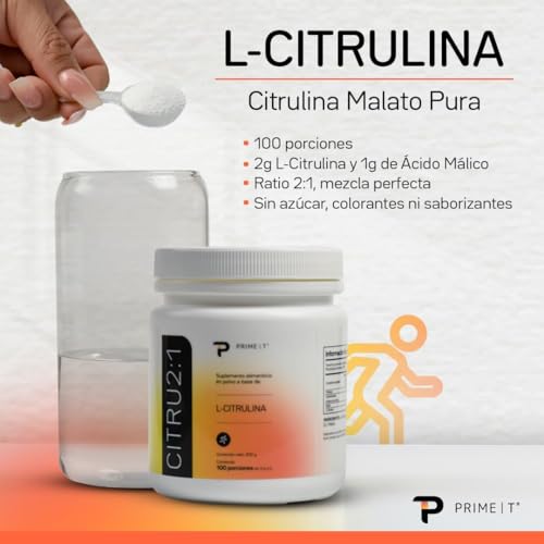 Primetech Nutrition L Citrulina Malato 2:1 Polvo CITRU2:1, 300 gr | 100 Porciones, Sin Sabor, Pre Entreno, 2 Partes Citrulina 1 Parte Ácido Málico, Pura