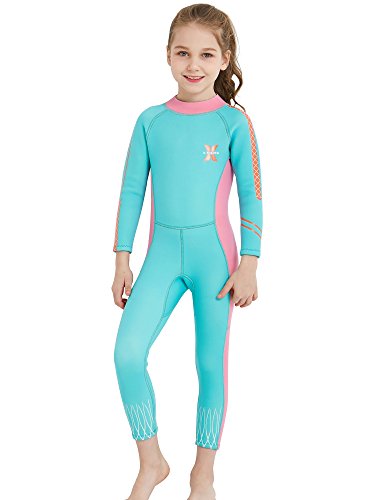 DIVE & SAIL 2.5mm Neoprene Pretty Design Sun Protection Girls Wetsuit For Swimming Keep Warm(Blue & Pink,M)