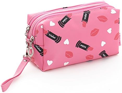Waterproof Fabric Cosmetic Bags Portable Travel Double Layer Makeup Organizer Clutch Bag with Double Zipper,Pink