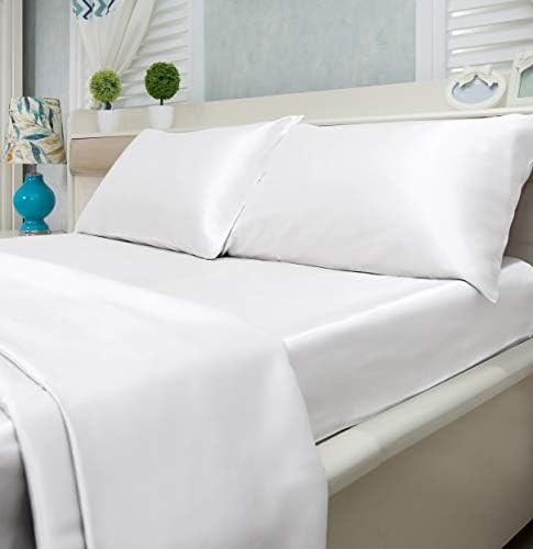4-Piece Super Soft Silky Satin Bed Sheet Set, Multiple Colors (Queen, White)