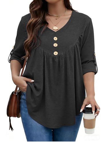 Siddhe Black Womens Plus Size Tops 3/4 Sleeve Tunic V Neck Button Up Blouses Fall Winter Fashion Clothes Casual Loose Fit Office Wear Babydoll Loose Fit Ladies Daily Wear 2025 (Black,XXXL) at Amazon