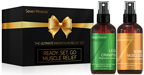 Ready, Set, Go Muscle Relief Gift Pack by Seven Minerals - Gifts Set with Two Sports Support Magnesium Oil Sprays: Leg Cramps + Sore Muscles. Pure Magnesium Chloride with USDA Organic Essential Oils.