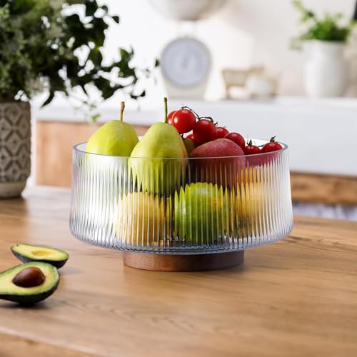 SLEEPHEAD® Extra Large Glass Salad Bowl with Natural Acacia Wood Base, Ribbed Design Oversized Capacity for Family Dinners, Parties, Multipurpose for Serving Salads, Fruits, Wine