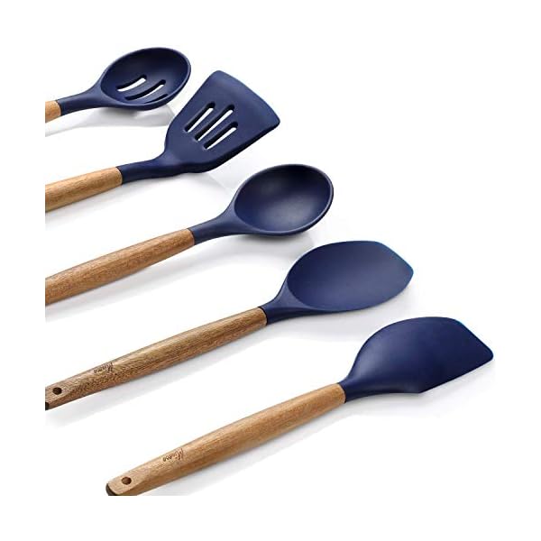 Miusco Non-Stick Cooking Utensils, Silicone Kitchen Utensils Set with Natural Acacia Hard Wood Handle, 5 Piece, Midnight…