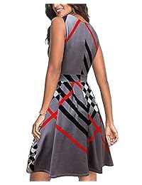 GIKING Vestido sin mangas con estampado floral a rayas, vestido de cintura alta, para fiesta