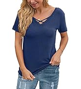 YYA Women's Criss Cross Short Sleeve Shirts Summer Tops V Neck Solid Loose Casual T-Shirt