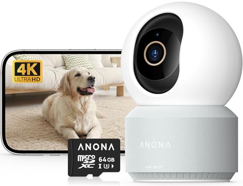 Anona Pano 4K Innenkamera mit 64 GB SD-Karte. Baby-/Haustierüberwachung per App, 360° Schwenk/Neige, Wi-Fi 6, automatische Verfolgung, Geräusch-/Weine